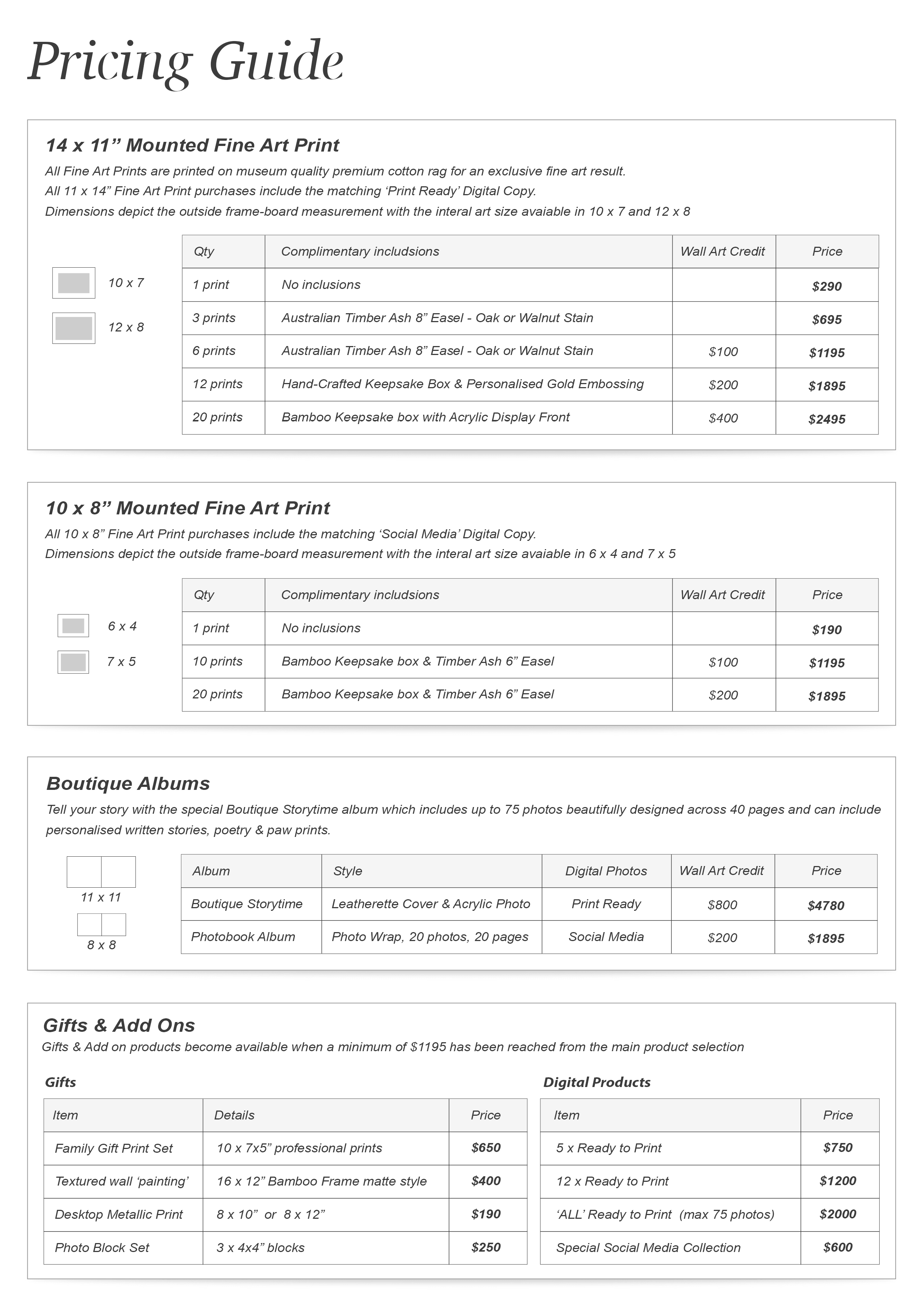 Photography Price List